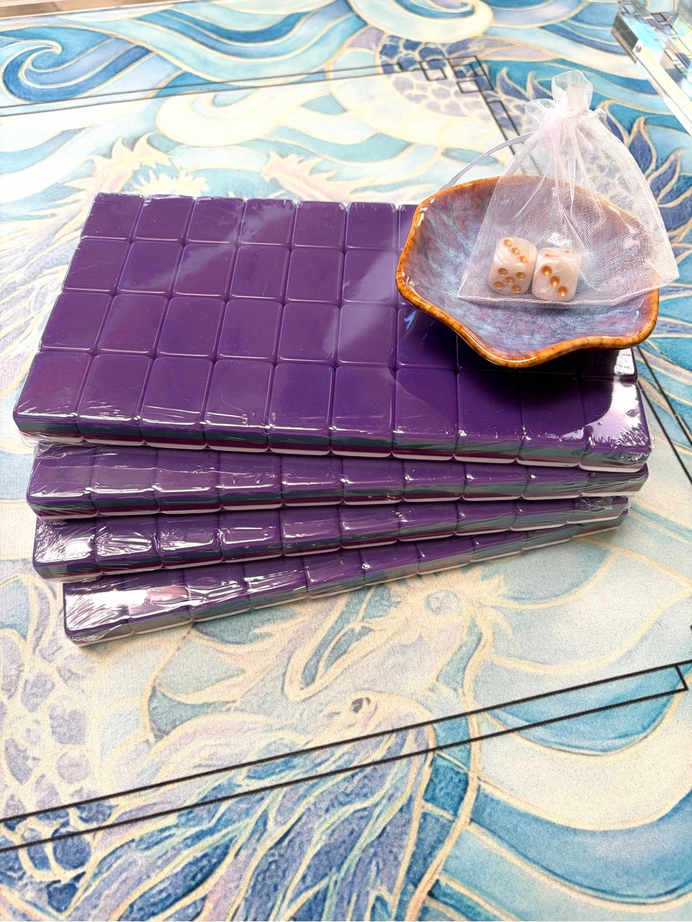 Plum Mahjong Tiles 💜 Coordinating Dice Dish & Pearly Dice 🀄️